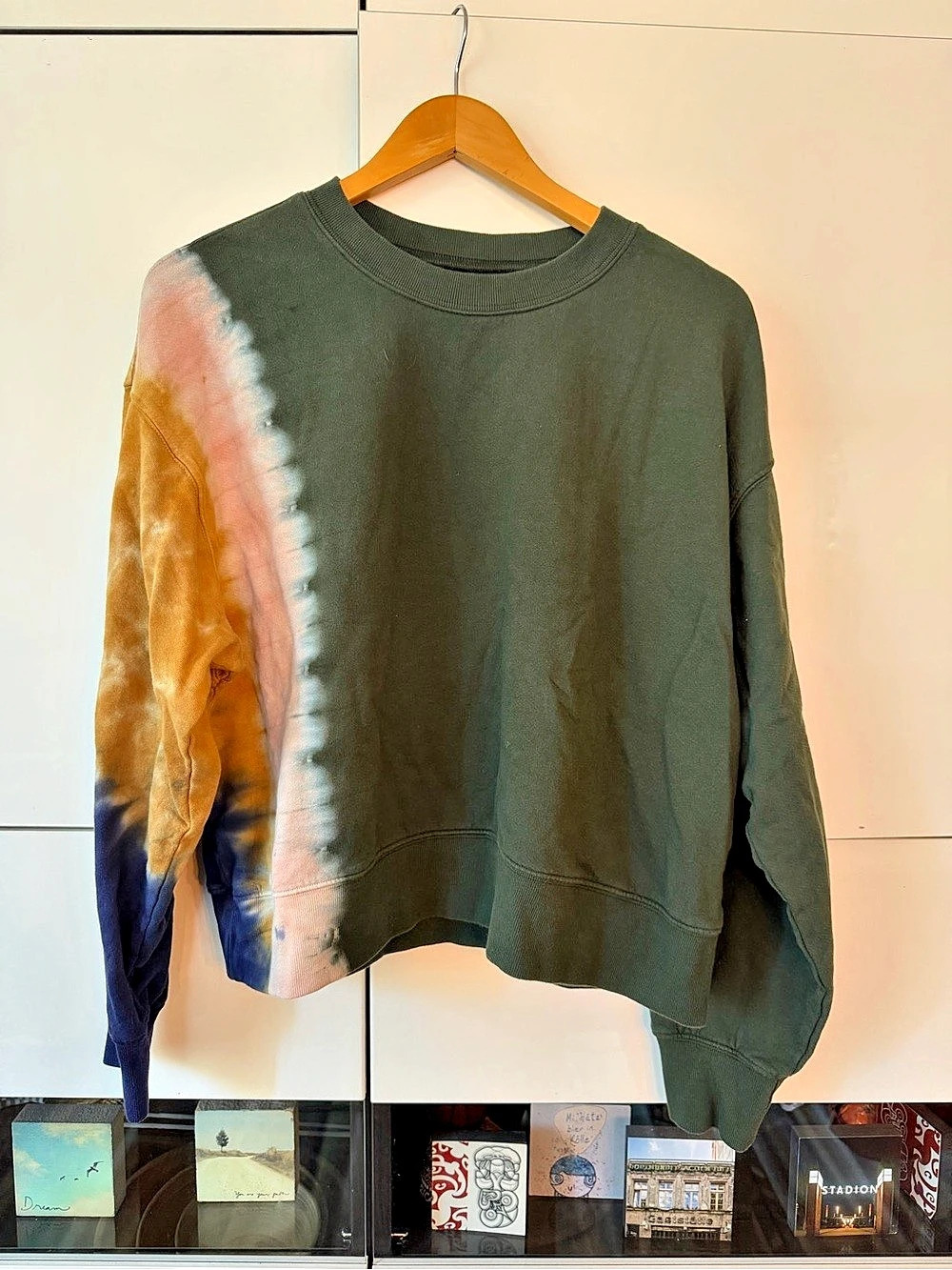 Velvet by Graham & Spencer Tie-Dye Cropped Cotton Sweatshirt in Green & Pink Siz